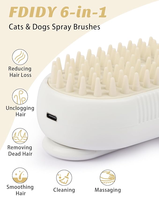 6 in 1 Cat Steam Brush for Shedding, Portable Anti-Static Grooming Comb for Cats & Dogs, Steam Misting Water Brush, Self-Cleaning Pet Hair Remover, Indoor Cat Spray Brushes for Cats & Dogs-Mewly Pet