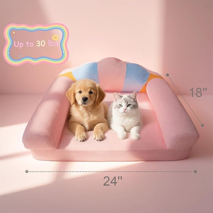 Cute Cat Couch with Soft Pillow, Supportive Dog Couch, Cat Sofa with Removable Cover，Cute Rainbow Shaped, 24 Inch-Mewly Pet