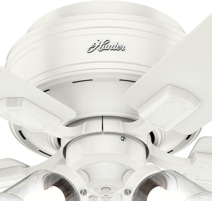 Hunter Fan Company 52152, 42 inch Crestfield Fresh White Low Profile Flush Mount Ceiling Fan with Lights LED and Pull Chain