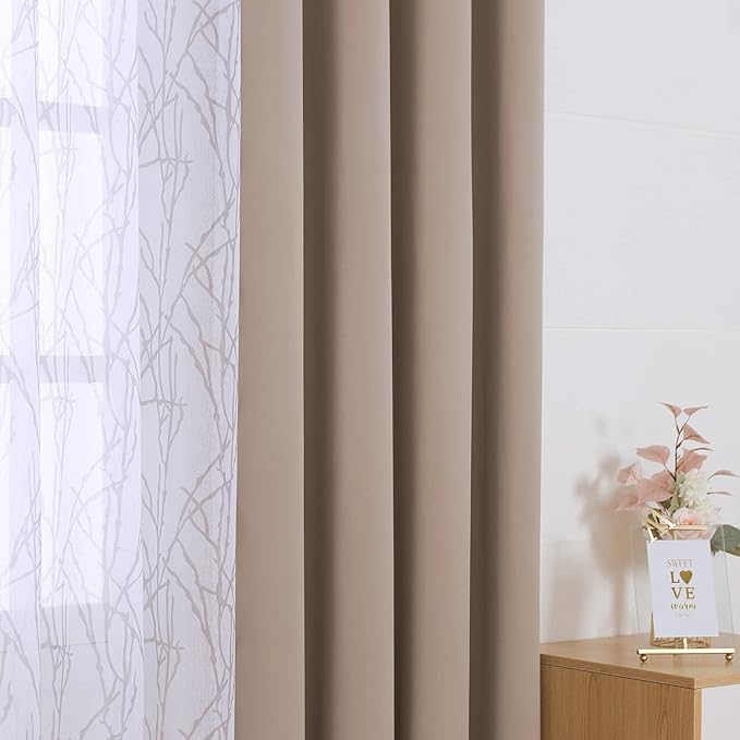 BONZER Mix and Match Curtains - 2 Pieces Branch Print Sheer Curtains and 2 Pieces Blackout Curtains for Bedroom Living Room Grommet Window Drapes, 54x95 Inch/Panel, Taupe, Set of 4 Panels