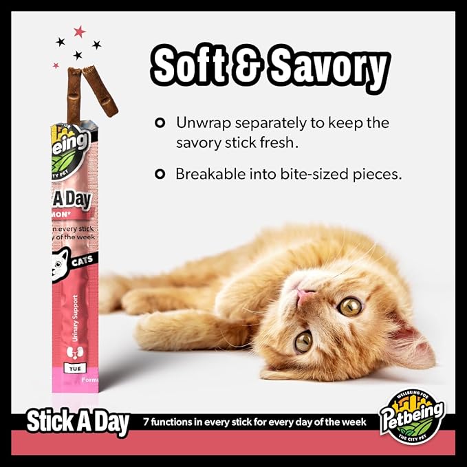 Stick a Day | Specially Formulated 7-in-1 Functions Daily Real Meat Supplement for Cats | Cat Chew Stick & Pet Vitamins Supplements Combination (7-Pack x 4, Salmon)-Mewly Pet