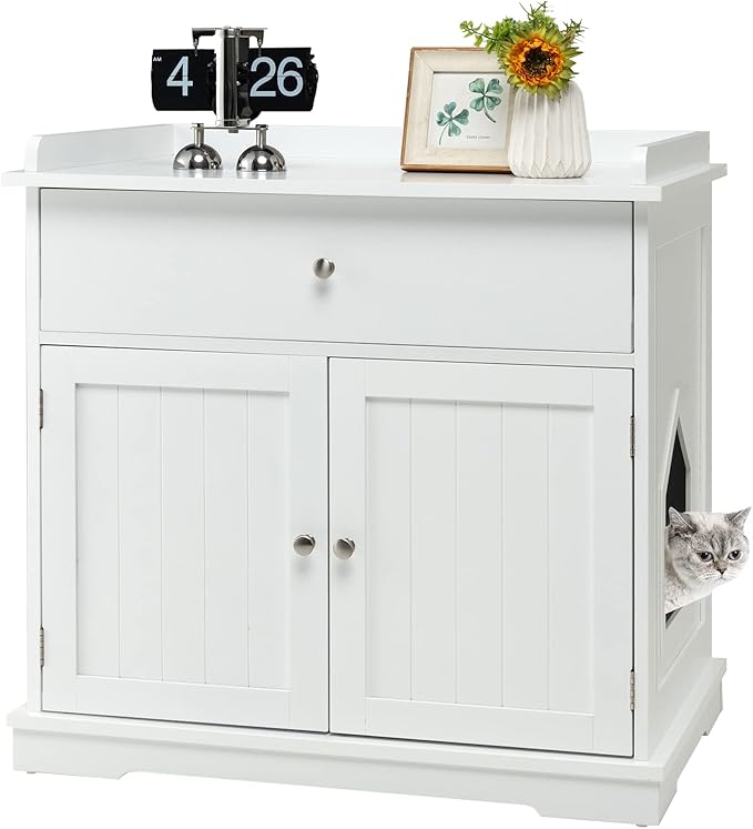 PETSITE Cat Litter Box Enclosure, Large Cat Washroom End Table with Drawer & 2 Doors, Wooden Cat House Storage Cabinet, Hidden Litter Box Furniture, White-Mewly Pet