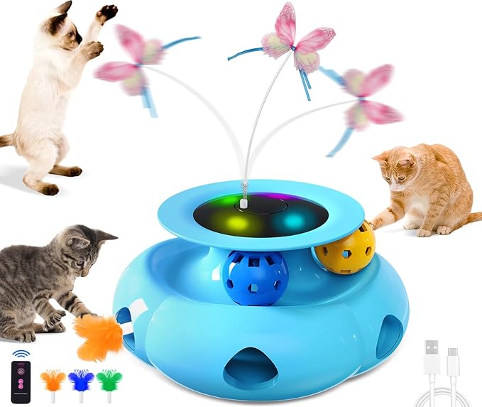 3in1 Interactive Cat Toys for Indoor Cats Rechargeable,Whack a Mole Cat Toy, Fluttering Butterfly, Track Balls, Automatic Kitten Toys Touch Activated, 2 Refill Feather-Mewly Pet