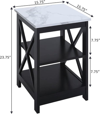 Convenience Concepts Oxford End Table 15.75" - Modern Living Room Table with Storage Shelves, Transitional Nightstand Side Table for Home Decor and Display, White Faux Marble/Black