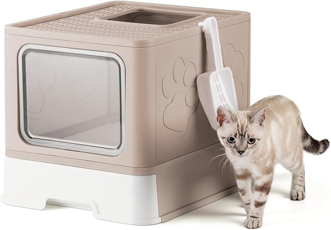 Enclosed Cat Litter Box, Large Litter Box for Big Cats, Covered Kitty Litter Boxes with Lid, Top Entry Cat Box Enclosure with Scoop, Odor Control, Easy to Clean(Coffee)-Mewly Pet