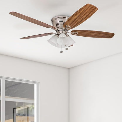 Honeywell Ceiling Fans Glen Alden, 52 Inch Classic Flush Mount Indoor LED Ceiling Fan with Light, Pull Chain, Quick-2-Hang Dual Finish Blades, Reversible Motor - 50182 (Brushed Nickel)