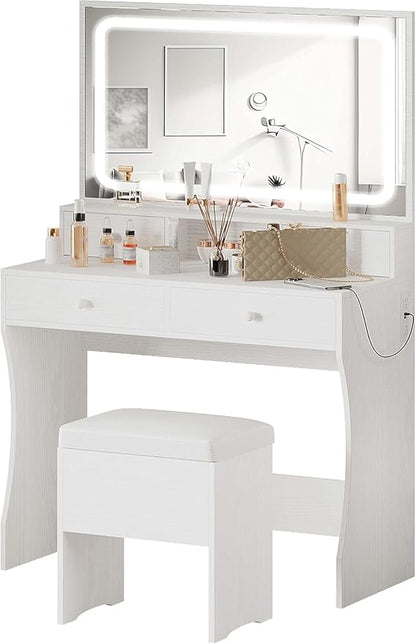 IRONCK Vanity Desk with LED Lighted Mirror & Power Outlet, Makeup Vanities Table with 4 Drawers,Storage Bench,Dressing Table for Bedroom White