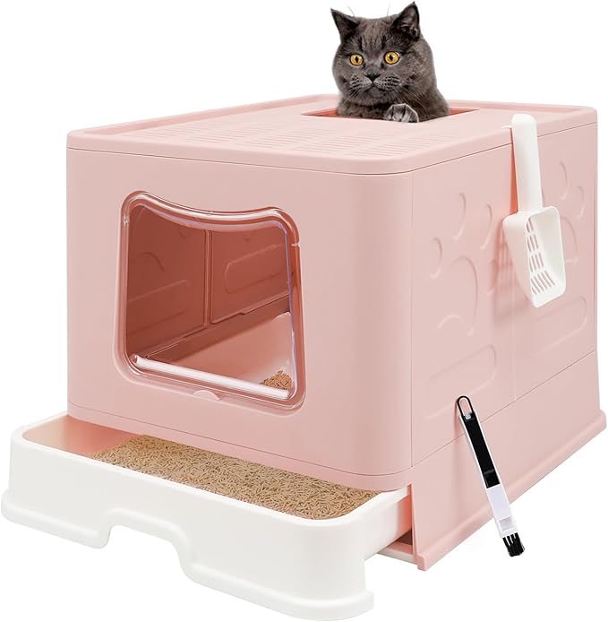 XL Foldable Cat Litter Box with Lid - Jumbo Enclosed Potty - Top Entry Anti-Splashing Toilet - Includes Scoop & 2-in-1 Cleaning Brush (Pink)-Mewly Pet