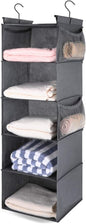 MAX Houser 5 Shelf Hanging Closet Organizer, Space Saver, Cloth Hanging Shelves with 4 Side Pockets, Foldable, Grey