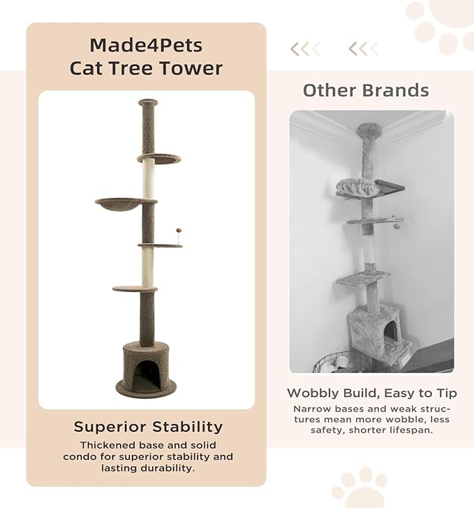 Made4Pets Floor to Ceiling Cat Tree 93-106'',Tall Cat Tower 5 Tiers, Adjustable Height, Stable Cat Tree Tower with Scratching Posts, Fluffy Condo, Hammock and Ball Toy for Indoor Cats/Kitten, Brown-Mewly Pet
