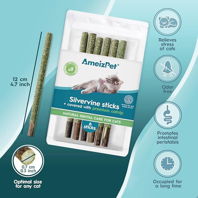 Silvervine Sticks for Cats, Chew Sticks Covered with Catnip Dust - Natural Matatabi Cat Dental Care, Silvervine Cat Teeth Cleaning, 6 Pcs-Mewly Pet