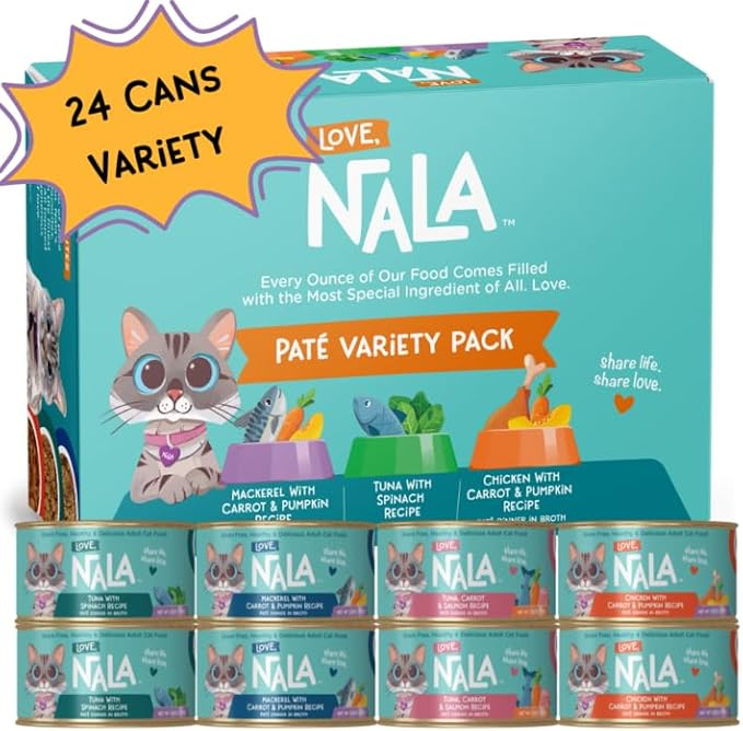 LOVE, NALA Grain-Free Wet Cat Food Pâté – 24 Pack – Natural Chicken & Fish Variety in Broth – Premium Whole Meat - Grain Free - Non GMO - Wet Food for Adult Cats-Mewly Pet