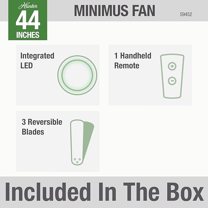 Hunter 44 inch Indoor Ceiling Fan with Light and Remote Control - For Bedroom or Living Room, Low Profile Mount, White Modern Ceiling Fan with LED Light, Quiet, 3 Blades - Minimus 59452, Fresh White