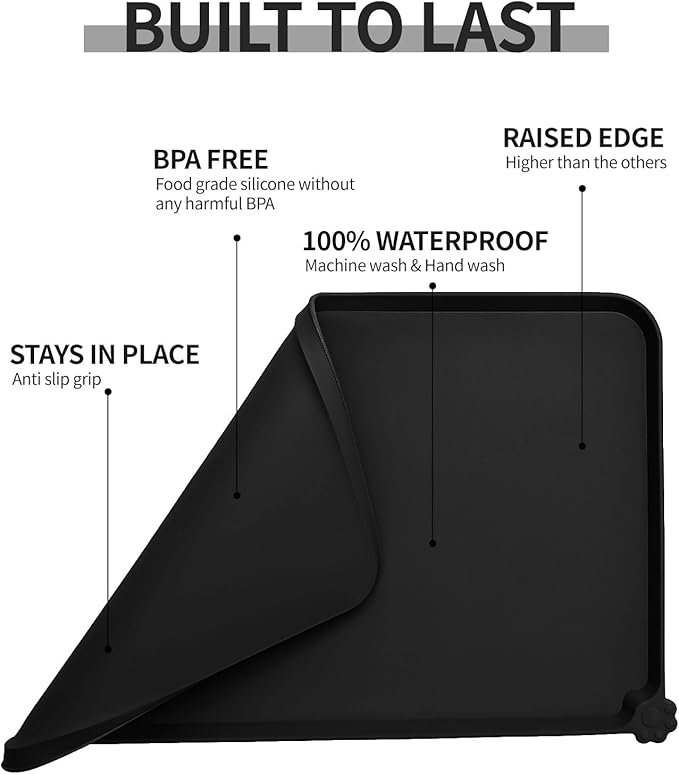 Waterproof Pet Feeding Mat with High Raised Edges, Heavier and Thicker Placemats for Cat Dog Water Bowl with BPA Free, Dogs Cats Food Mats for Messy Drinkers to Prevent Spill and Protect Floors-Mewly Pet