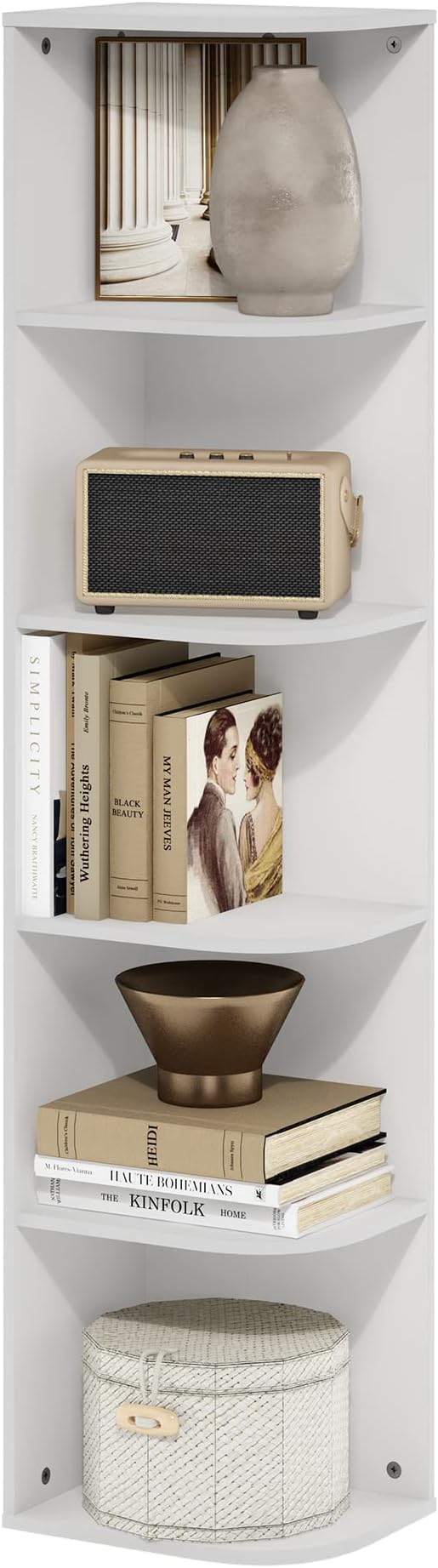 Furinno PASIR Book Shelf, 5-Tier Corner Bookshelf, Open Shelves Bookcase 9.3" x 12" x 51.7", for Living Room, Bedroom, Home Office, White