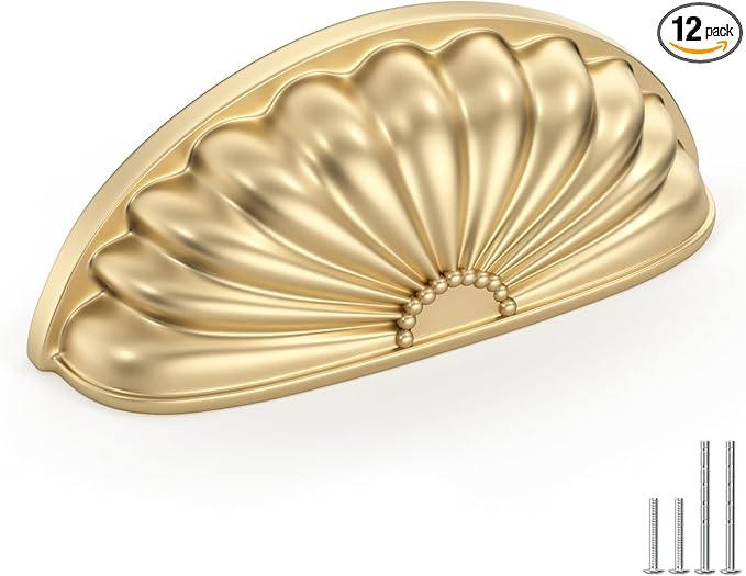 goldenwarm 12 Pack Gold Cabinet Handles Drawer Pulls Finger Edge Pull for Half Moon Cup Luxury Hardware 3" Hole Center Brushed Brass Knobs