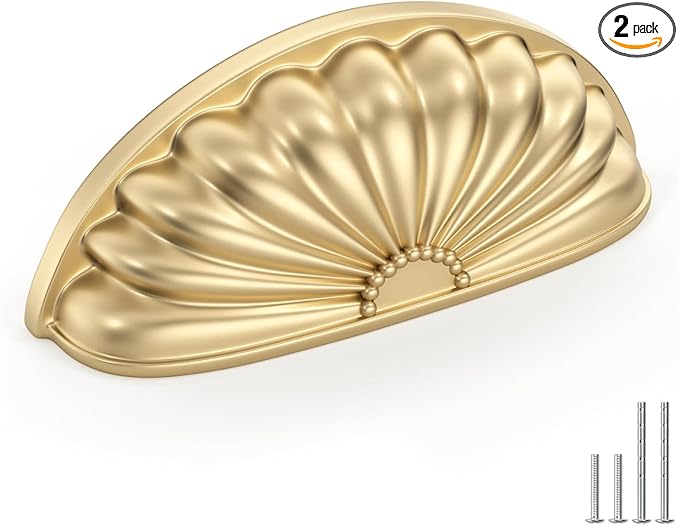 goldenwarm 2 Pack Gold Cabinet Handles Drawer Pulls Finger Edge Pull for Half Moon Cup Luxury Hardware 3" Hole Center Brushed Brass Knobs