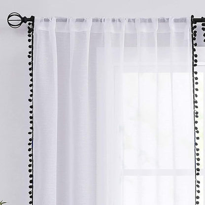 Treatmentex White Sheer Curtains Black Pompoms 63" inches Long Window Draperies for Boy's Room Bed Canopy 2 Panels Rod Pocket