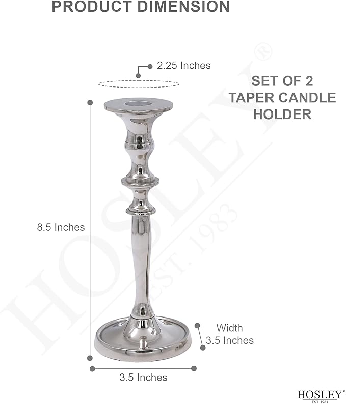 Hosley Set of 2 Silver Finish Taper Candle Holder 8" High. Ideal Gift and Use for Weddings, Party, Spa or Aromatherapy W1