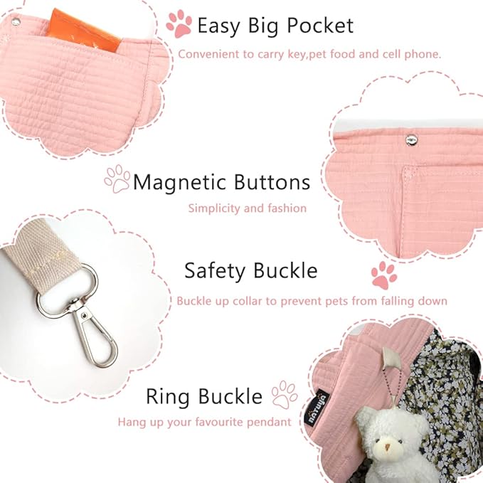 NATUYA Small Dog Carrier Sling Dog Sling Carrier for Small Dogs Puppies Cats, Big Pouch Safety Leash Pet Sling Carrier for Walking Outdoor Travel (Pink, Canvas)-Mewly Pet
