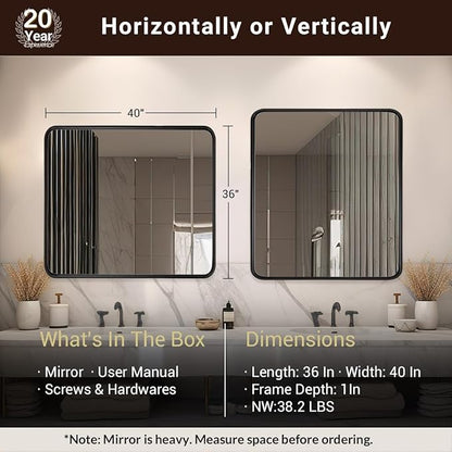 ANDY STAR 40X36 Inch Black Bathroom Mirror, Black Bathroom Vanity Mirrors for Wall, Rounded Rectangle Mirror for Bathroom, Seamless Tube Metal Frame, 1’’ Deep Wall Mounted Vertical/Horizontal
