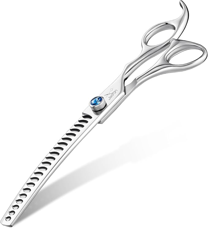 JASON 7" Curved Chunker Dog Scissors - Ergonomic Dog Grooming Scissors Silver Curved Dog Shears 440C Stainless Steel Grooming Shears Professional Pet Shears For Groomer (21-Teeth)-Mewly Pet