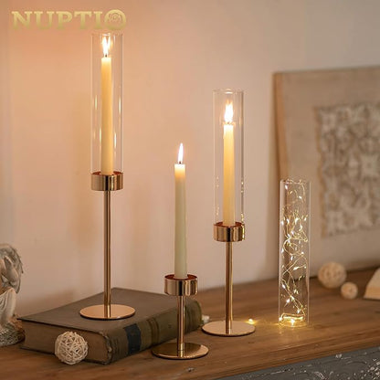 NUPTIO Hurricane Candle Holder for Candlestick: 6 Pcs Gold Taper Candlestick Holders - Tall Modern Candles Stick Decor with Cylinder Shape Cover for Dinner Table Centerpiece