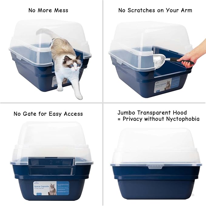 Petfamily Cat Litter Box, Large Foldable Jumbo Hooded Cat Litter Box with Transparent Lid (Navy Blue)-Mewly Pet