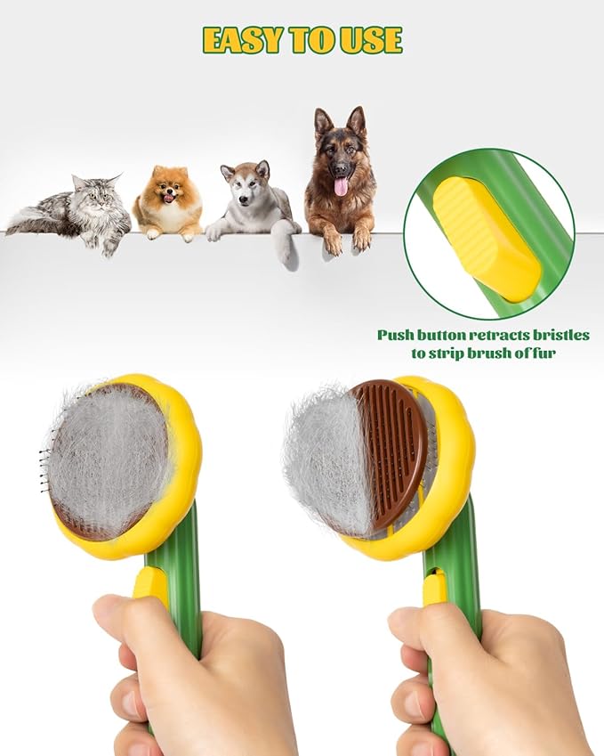 Self-Cleaning Dog & Cat Slicker Brush, Skin Friendly Deshedding Grooming Tool for Long or Short Haired Dogs Cats Rabbits, Dog Shedding Brush with Release Button-Sunflower-Mewly Pet
