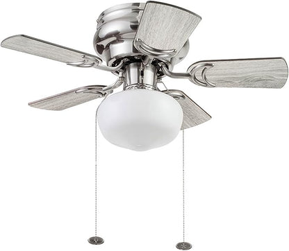 Prominence Home Hero, 28 Inch Traditional Flush Mount Indoor LED Ceiling Fan with Light, Pull Chain, Dual Finish Blades, Reversible Motor - 51656-01 (Brushed Nickel)