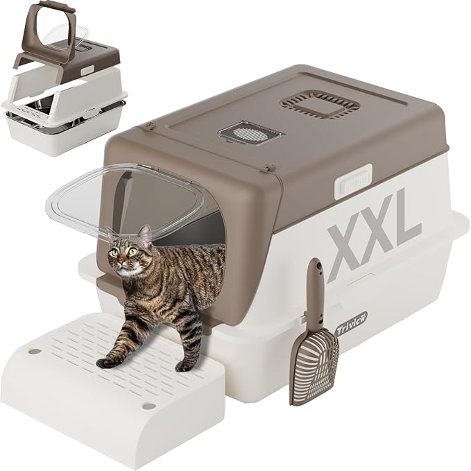 Stainless Steel Cat Litter Box with Lid, XX-Large Extra Large Litter Boxes for Large Cats,Enclosed Removable Metal Kitty Litter Box with High Sided,Magnetic Door,40L Box, Litter Trap Step/Mat-Mewly Pet