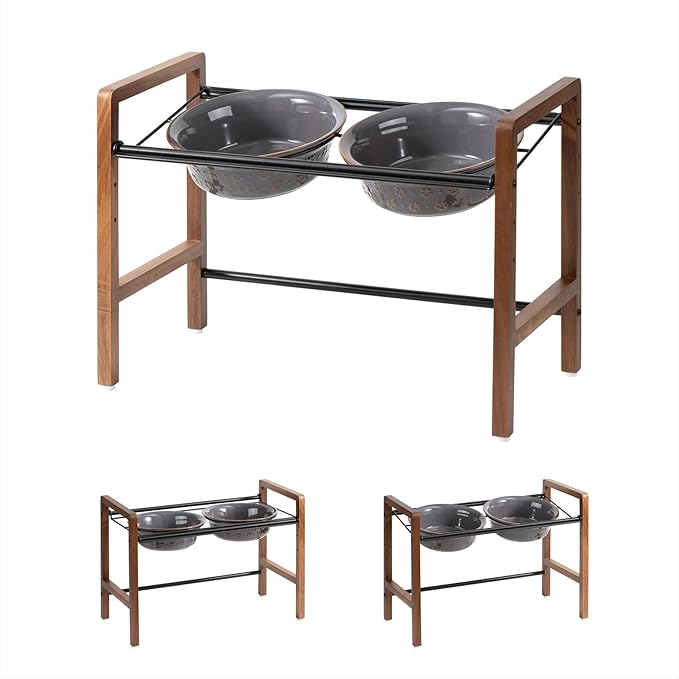7.1inch Ceramic Adjustable Raised Double Bowls Set with Stand, 3 Heights Elevated, 2 Placement Options,Food and Water Bowls for Medium and Large Dog(Reactived Glaze -Grey)-Mewly Pet