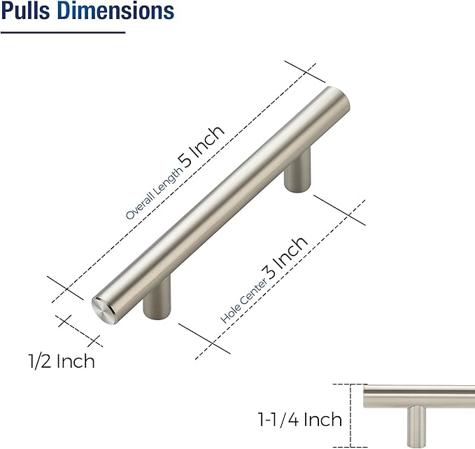 JOY DECOR 60 Pack Cabinet Handles, Brushed Nickel Cabinet Pulls, 3 in Hole Center Kitchen Cabinet Handles, Stainless Steel T Bar Handles for Dresser Drawers