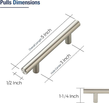 JOY DECOR 30 Pack Cabinet Handles, Brushed Nickel Cabinet Pulls, 3 in Hole Center Kitchen Cabinet Handles, Stainless Steel T Bar Handles for Dresser Drawers
