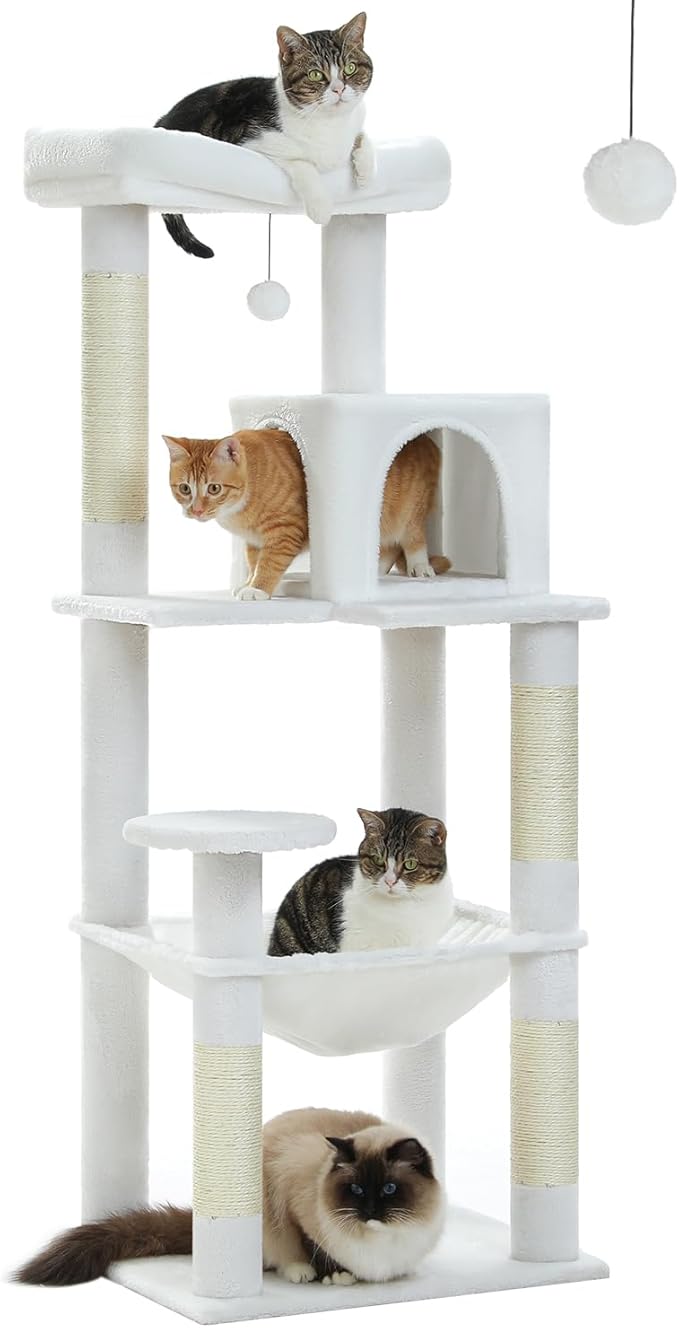Cat Tree for Large Cats with Metal Plush Big Hammock, 56.3" Cat Tower for Indoor Cats with 2 Door Condo House, 6-Tier Cat Shelves with Scratching Posts and Large Top Perch, Cream White-Mewly Pet