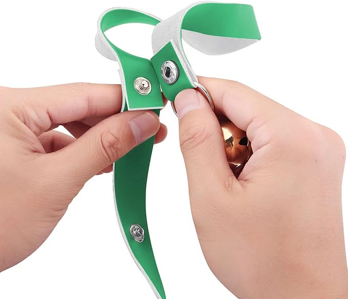 Leather Dog Doorbells for Door Knob/Potty Training/Go Outside, Length Adjustment Copper Dog Bell, Housetraining Hanging Bell, Green Leather Golden Bells.-Mewly Pet