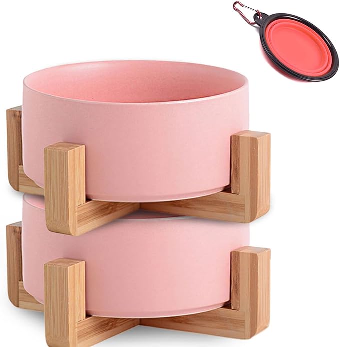 Petygooing Pink Ceramic Dog Cat Bowl Set with Stand, Pet Food and Water Dish,Medium Dog Bowls Anti Slip Set of 2 Cat Bowls Pet Food Bowl- Pet Dishes Small Medium Size Pet (28 OZ /3.6 Cups)-Mewly Pet