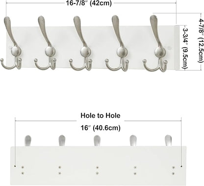 SKOLOO Creations White Solid Wood Wall Mounted Coat Rack, 5 Hooks, 17" Long - Kitchen, Mudroom, Entryway, Bathroom - Includes Mounting Hardware, Wall Coat Hanger, Towel Rack
