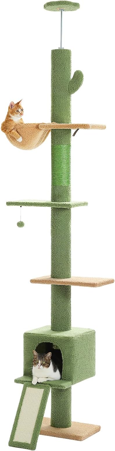 PEQULTI Floor to Ceiling Cat Tree, Tall Cat Tower, Adjustable Height (83''-108'') 5 Levels Climbing Tree for Indoor Cats with Cat Condo, Cozy Hammock and Scratching Post, Green-Mewly Pet