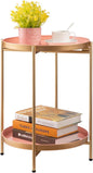 HollyHOME 2-Tier Round Gold Side Table, Outdoor Small Folding Accent Stand with Removable Tray, Anti-Rust Metal Asional Table for Balcony Patio Living Room, Nightstand for Bedroom(Gold&Pink)