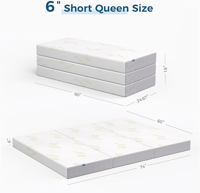 Inofia 6 Inch Folding Mattress, Trifold Memory Foam RV Mattress with Ultra Soft Removable Cover, Foldable & Portable for Camper/Truck/Trailer/Guest Bed, Short Queen Size (74" x 60" x 6")