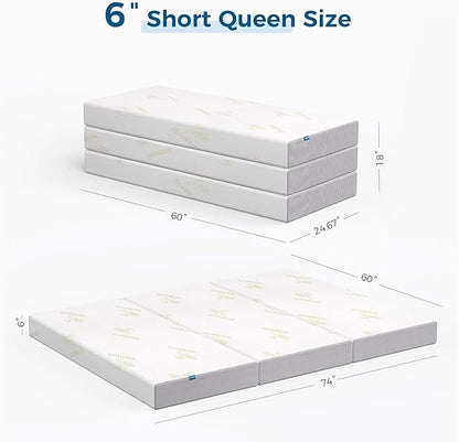 Inofia 6 Inch Folding Mattress, Trifold Memory Foam RV Mattress with Ultra Soft Removable Cover, Foldable & Portable for Camper/Truck/Trailer/Guest Bed, Short Queen Size (74" x 60" x 6")