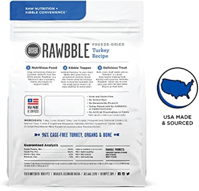BIXBI Rawbble Freeze Dried Dog Food, Turkey Recipe, 4.5 oz - 96% Meat and Organs, No Fillers - Pantry-Friendly Raw Dog Food for Meal, Treat or Food Topper - USA Made in Small Batches-Mewly Pet
