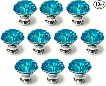 10 Pcs 30mm Silver Plated Base Diamond Shape Crystal Glass Cabinet Knob Drawer Knob Pull Handle Used for Kitchen, Dresser, Door, Cupboard (Azure)