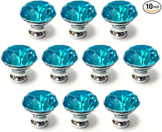 10 Pcs 30mm Silver Plated Base Diamond Shape Crystal Glass Cabinet Knob Drawer Knob Pull Handle Used for Kitchen, Dresser, Door, Cupboard (Azure)