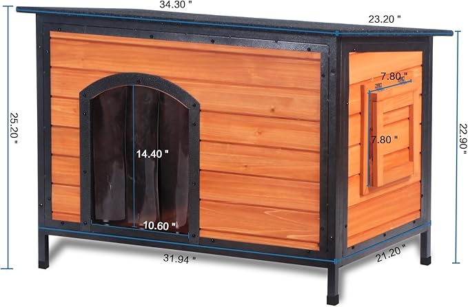 Dog House Outdoor Weatherproof 34.3" L Chew Proof Outside Dog Kennel for Small Medium Dogs with Strong Metal Chew Proof Frame Raised Design-Mewly Pet