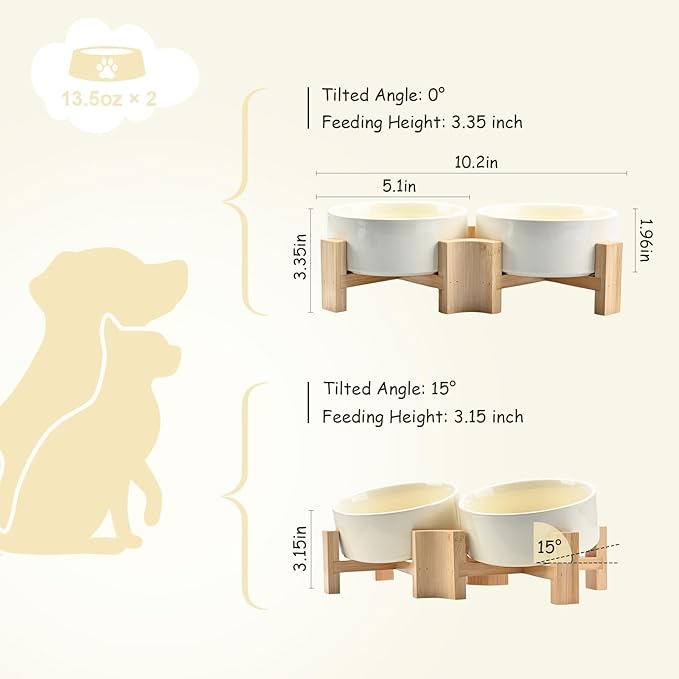 SPUNKYJUNKY 15° Slanted Ceramic Dog and Cat Bowl with Wooden Stand, Tilted Bulldog Food and Water Bowl No Slip Non-Spill for Cats Medium Dogs Big Face Pets 13.5 OZ (1.7 Cups, Beige × 2)-Mewly Pet