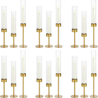 Glass Hurricane Candle Holders Set (18pcs)-Gold Metal Base Taper Candle Stick Holders for Candlesticks Holder Decor, Elegant Dining Table Centerpiece for Wedding, Christmas & Home Decor-Ribbed Glass