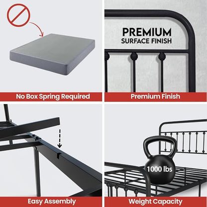 Golden Gate Beds Vintage Style Metal Bed Frame with Wrought Iron Headboard and Footboard, Classic Platform Bedframe with Storage, No Box Spring Needed, Mattress Foundation, Black, Queen Size