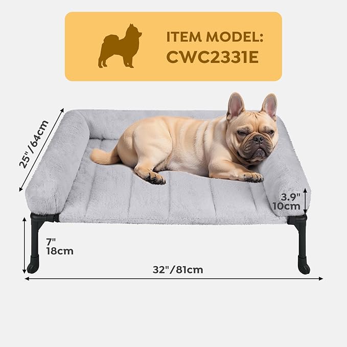 Veehoo Cooling Elevated Dog Bed with Fluffy Plush Bolster Cushion, Indoor Raised Dog Beds for Large Dogs, Soft Pet Sofa Cot with Removable Washable Mat, No-Slip Feet, 32 x 25 inches, Grey-Mewly Pet